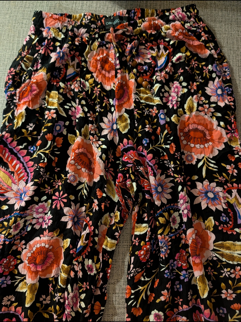 Cynthia Rowley Black Wide-Leg Pants with Coral & Pink Floral Print